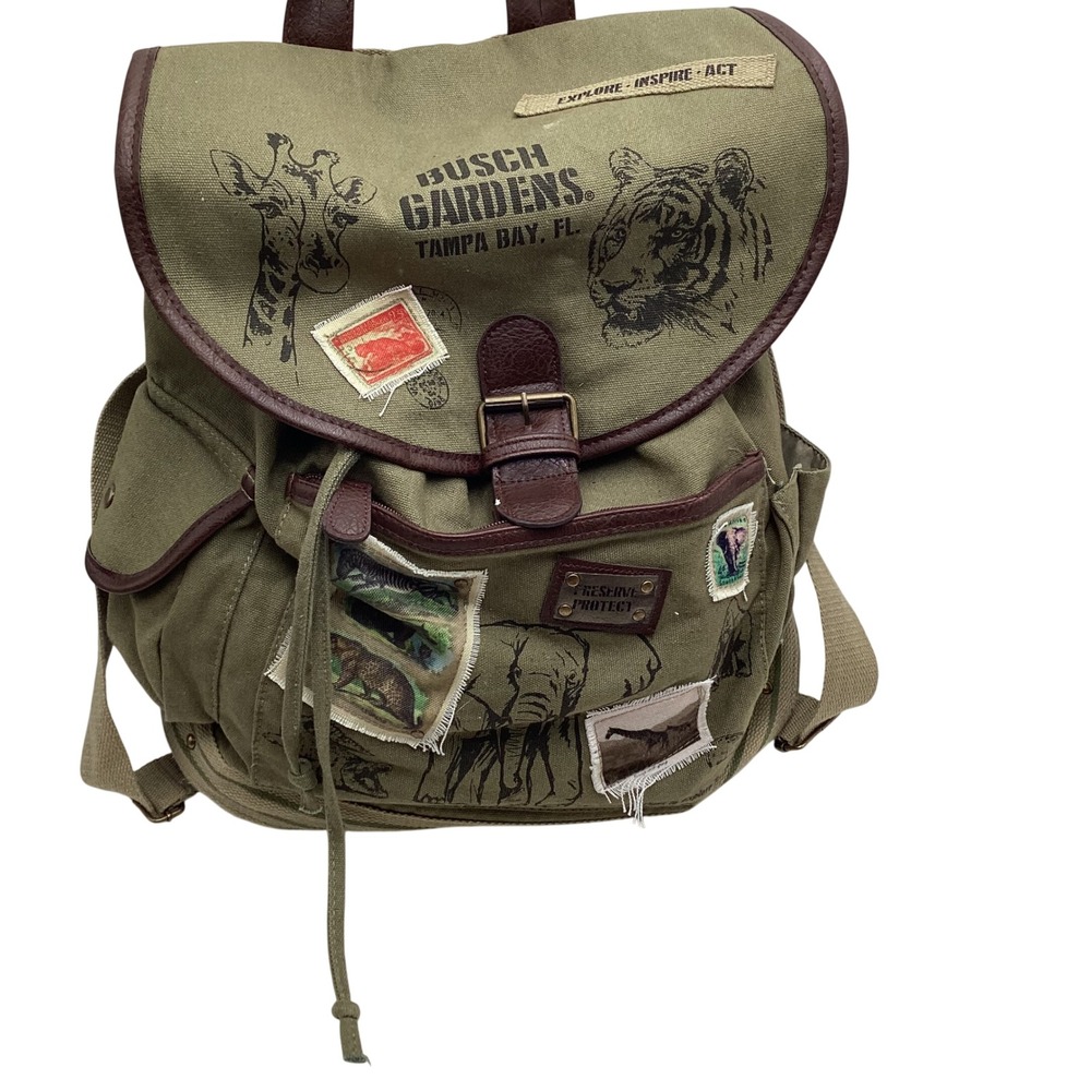 Busch Gardens Tampa Bay Safari Canvas Backpack Olive Green Animal Print Patches